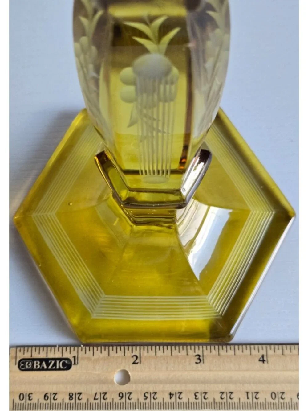 Vtg Vaseline Uranium Glass Etched 2 Patterns 9 Inches High Candle Stick Holder